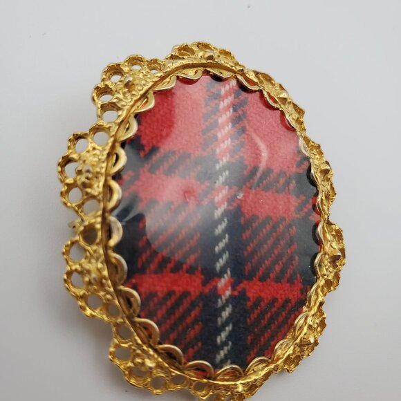 Vintage 2 in 1 Oval Tartan Plaid Gold Bezelled Pin Brooch & Pendant Ornate Bezel - Picture 6 of 6